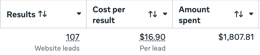 Meta Ads Manager: 107 website leads, $16.90 per lead, $1,807.81 spent.